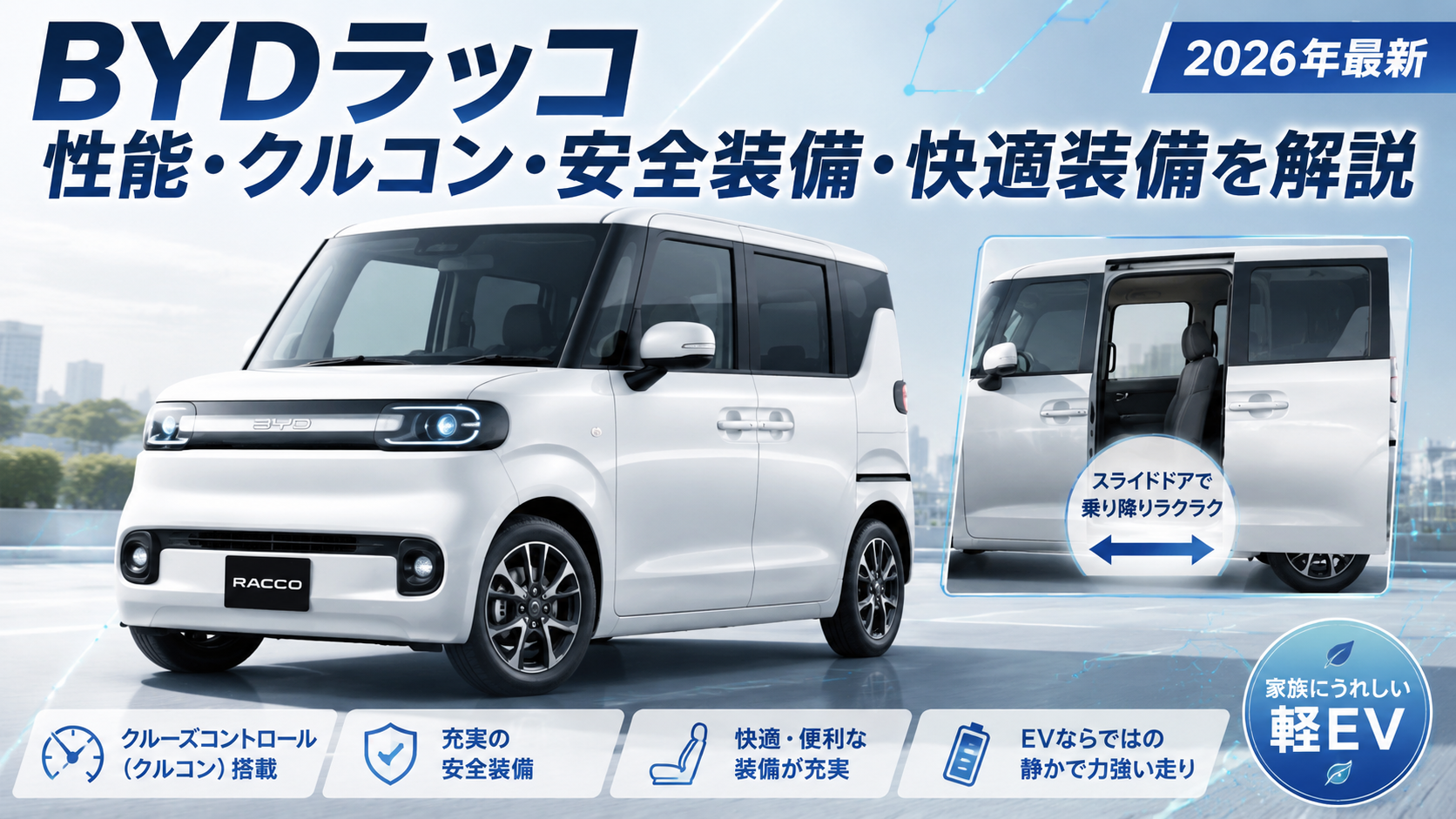 BYDラッコの性能やクルコン・安全装備＆快適装備について詳しく解説。ブログ用アイキャッチ画像